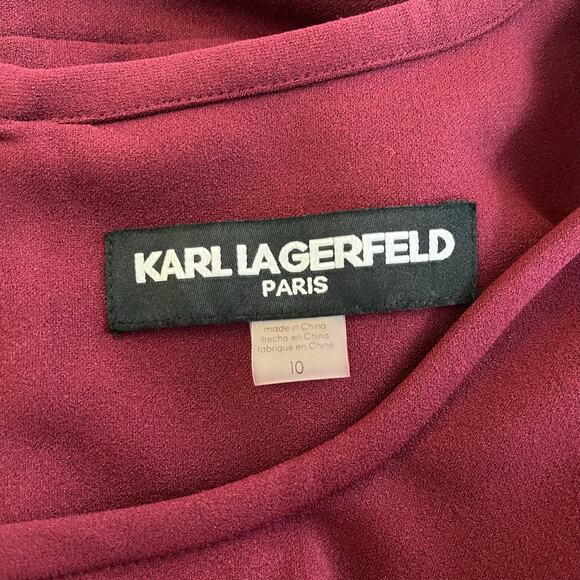 Karl Lagerfeld Crepe Square Neck Short Sleeve Pleated Mini Dress Maroon 10 NWT - Picture 4 of 13